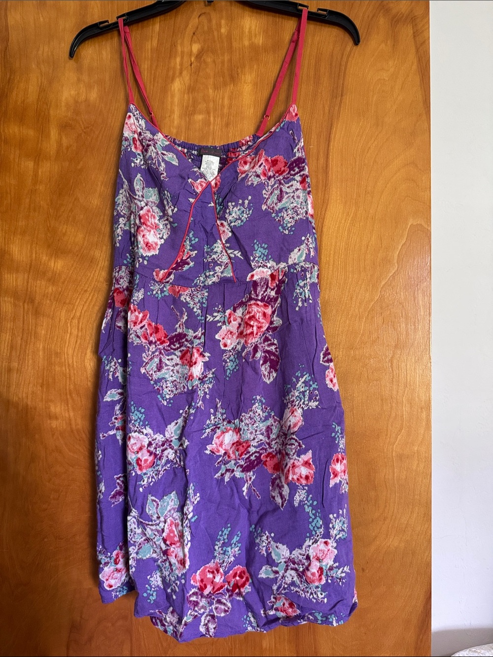 Purple Floral Mini Dress with Pink Straps